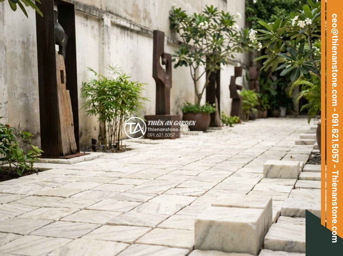Top 15 mẫu lát đá cubic sân vườn đẹp mắt dẫn đầu xu hướng 2026 - White wood-grain patterned cubic stones in minimalist straight-line layout with 