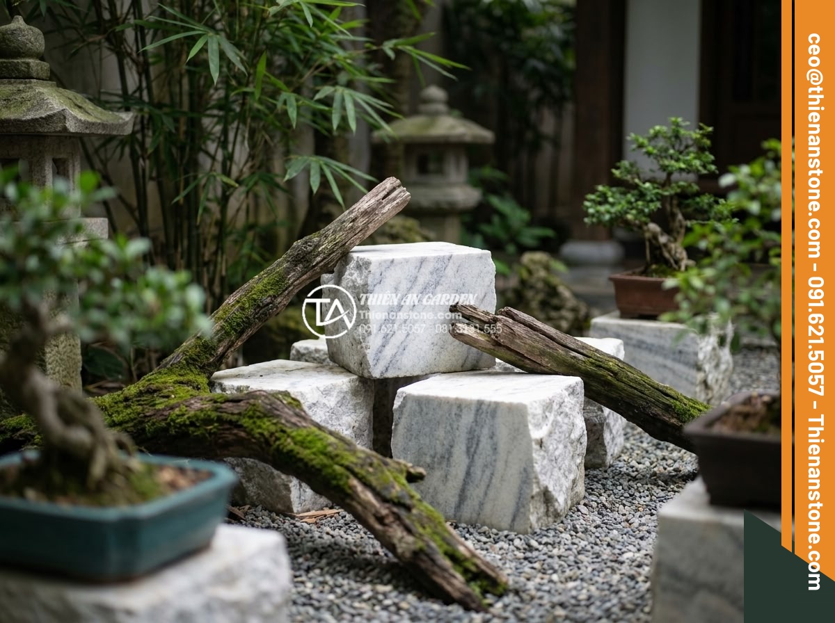 Top 15 mẫu lát đá cubic sân vườn đẹp mắt dẫn đầu xu hướng 2026 - Elegant white cubic stones with natural wood veins in a serene zen garden settin