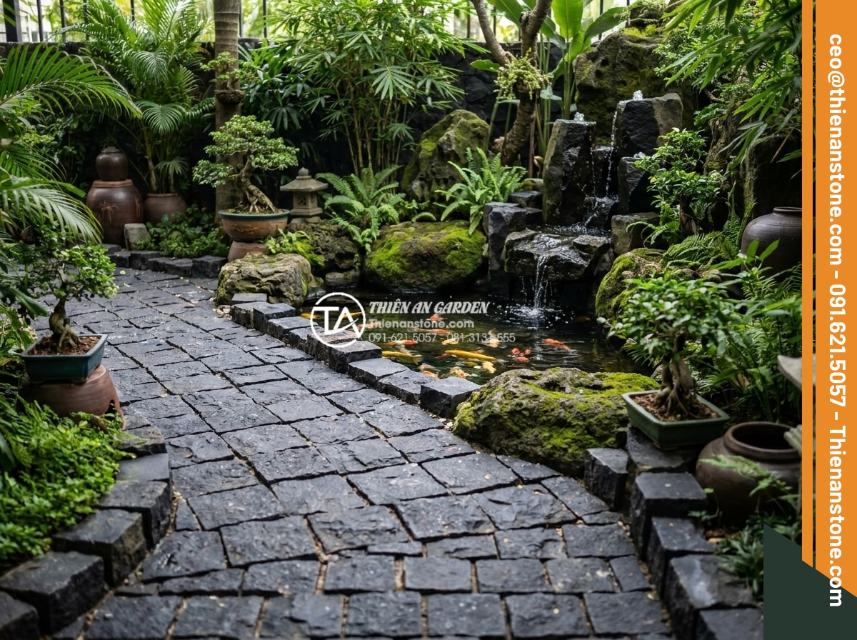Top 15 mẫu lát đá cubic sân vườn đẹp mắt dẫn đầu xu hướng 2026 - Integrated garden design with cubic stone paths leading to koi pond, rockery fea