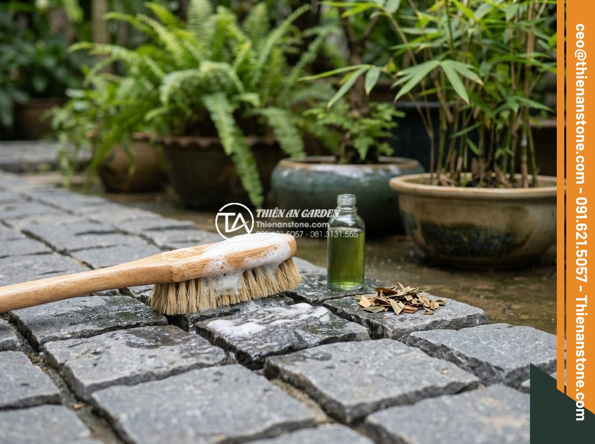 Top 15 mẫu lát đá cubic sân vườn đẹp mắt dẫn đầu xu hướng 2026 - Maintenance process showing gentle cleaning of cubic stone garden paving with ec
