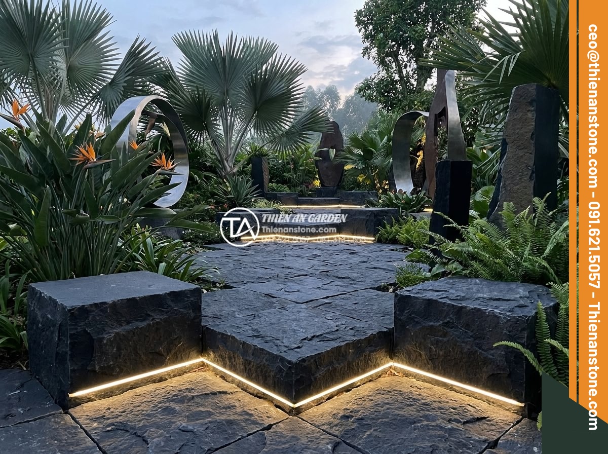Top 15 mẫu lát đá cubic sân vườn đẹp mắt dẫn đầu xu hướng 2026 - Futuristic garden design featuring cubic stone paving in modern zigzag patterns 