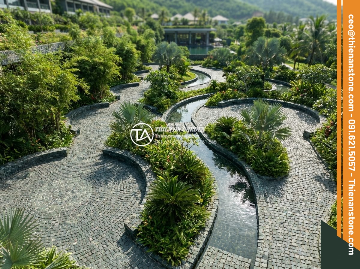 Top 15 mẫu lát đá cubic sân vườn đẹp mắt dẫn đầu xu hướng 2026 - Aerial perspective of a large resort garden with leading 2026 cubic stone trends