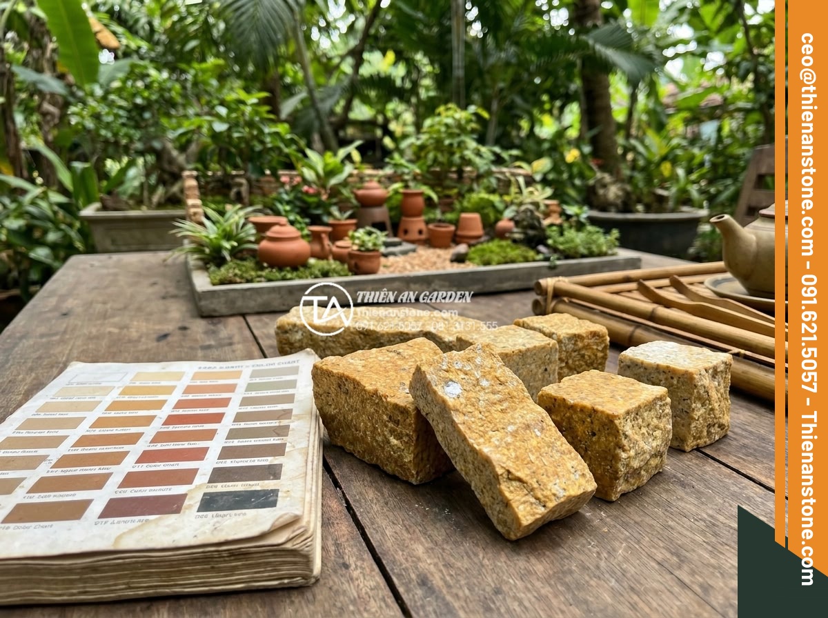 Top 15 mẫu lát đá cubic sân vườn đẹp mắt dẫn đầu xu hướng 2026 - Professional designer selecting cubic stones samples on site with color charts a