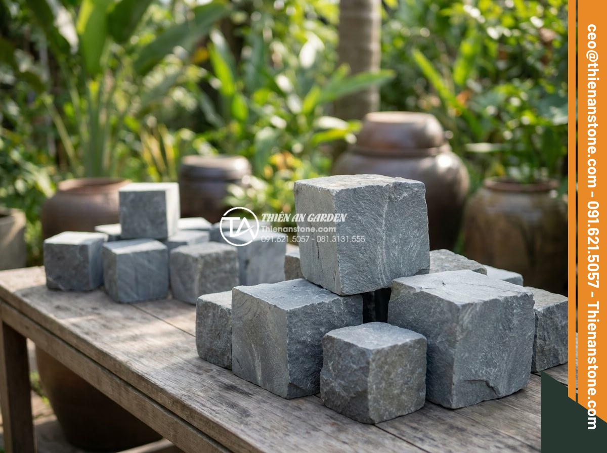 Top 15 mẫu lát đá cubic sân vườn đẹp mắt dẫn đầu xu hướng 2026 - Variety of cubic stone samples displayed in natural light showing different colo