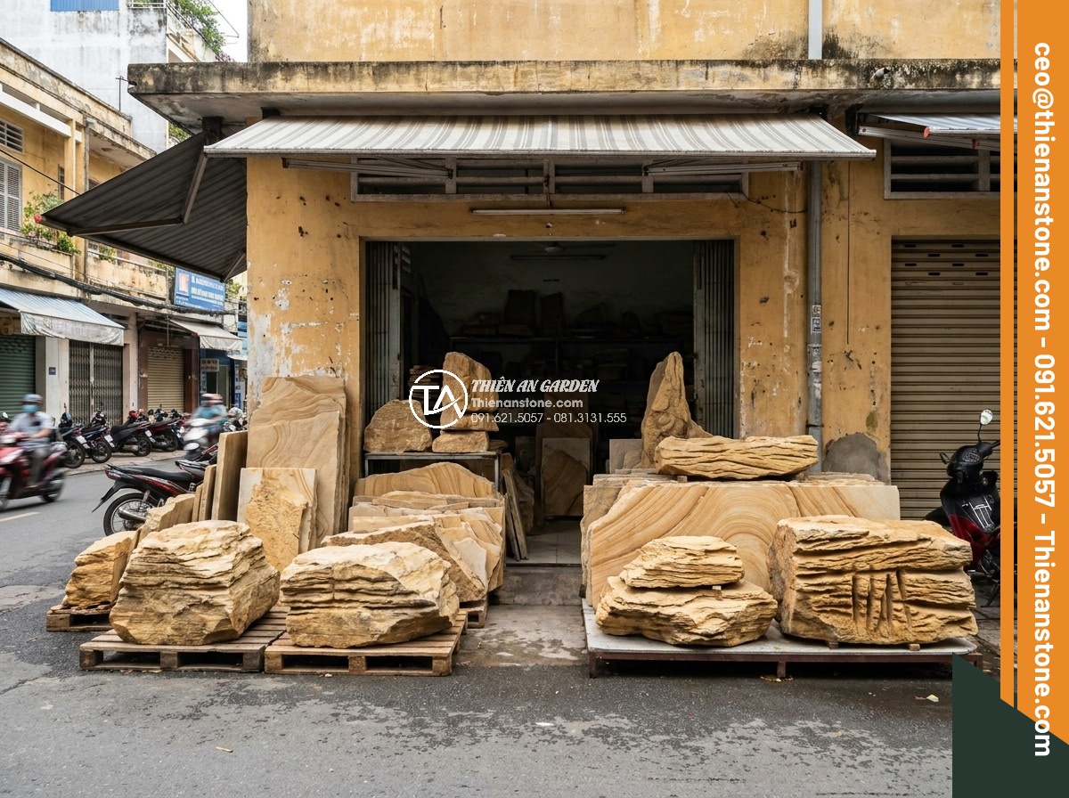 Top 5 địa chỉ bán đá cổ thạch TPHCM uy tín, hỗ trợ vận chuyển tận nơi - Hình 10 Top 5 địa chỉ bán đá cổ thạch TPHCM uy tín, hỗ trợ vận chuyển tận nơi - Street front view of Ngoc Anh stone shop with sample ancient stones on display i