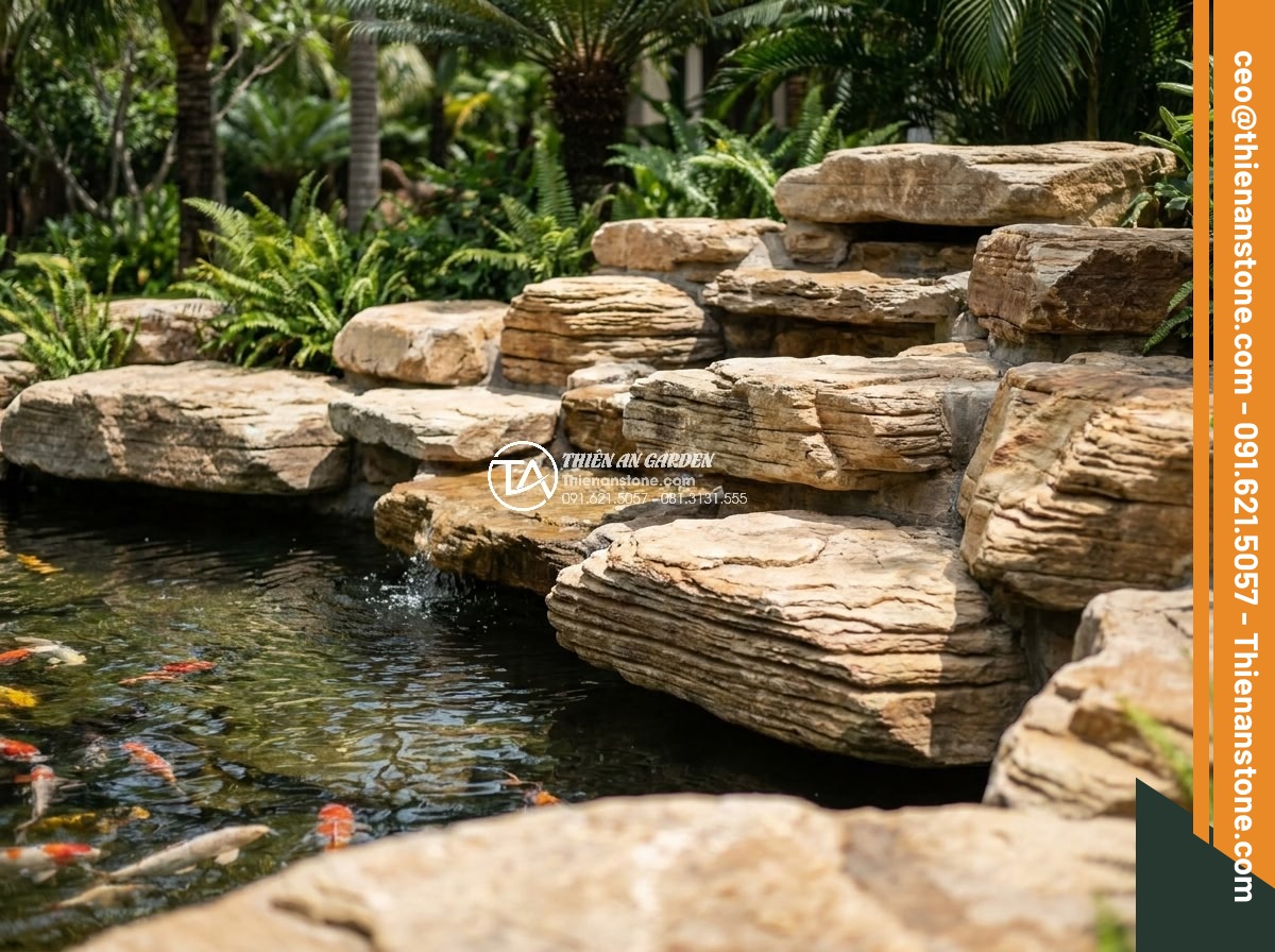Top 5 địa chỉ bán đá cổ thạch TPHCM uy tín, hỗ trợ vận chuyển tận nơi - Hình 16 Top 5 địa chỉ bán đá cổ thạch TPHCM uy tín, hỗ trợ vận chuyển tận nơi - Completed stone installation process for Koi pond and rockery in modern Vietname