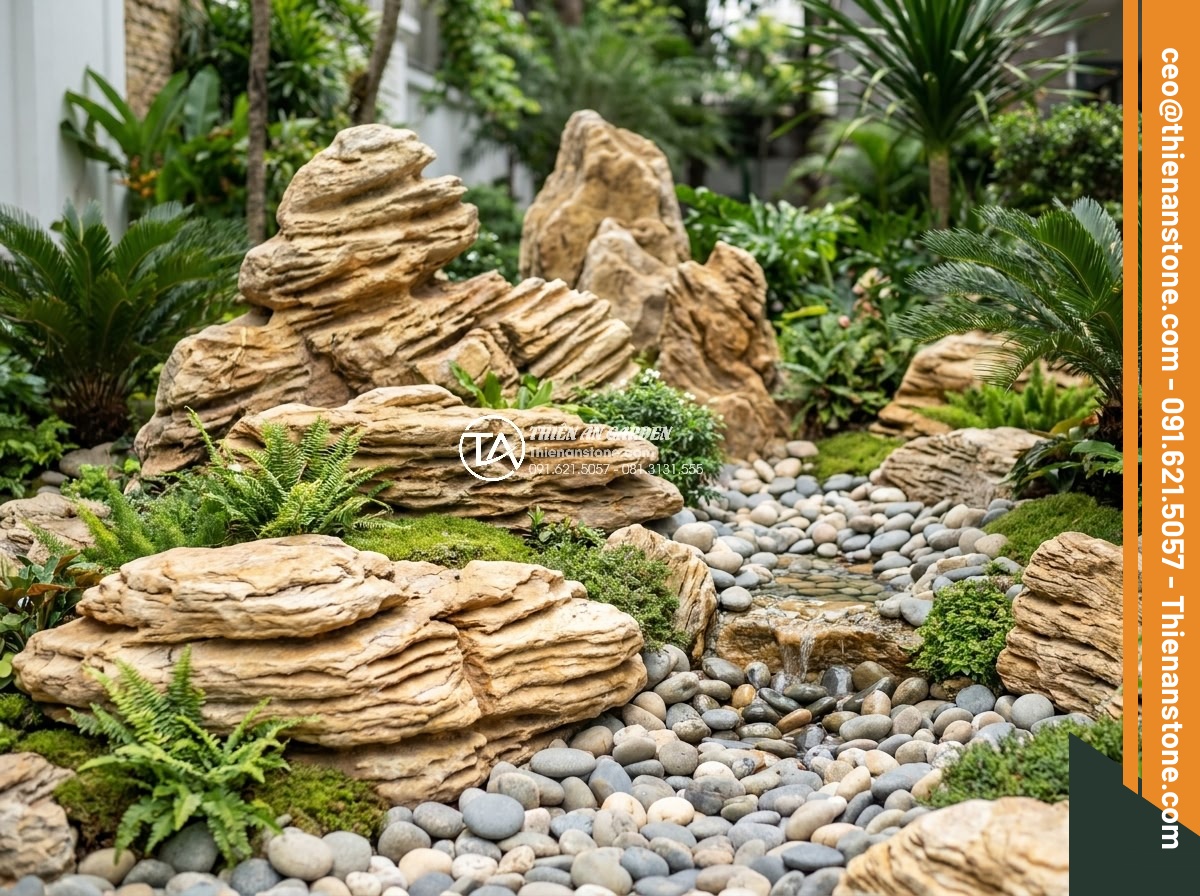Top 5 địa chỉ bán đá cổ thạch TPHCM uy tín, hỗ trợ vận chuyển tận nơi - Hình 21 Top 5 địa chỉ bán đá cổ thạch TPHCM uy tín, hỗ trợ vận chuyển tận nơi - Integrated landscape design combining ancient stones with river pebbles and natu