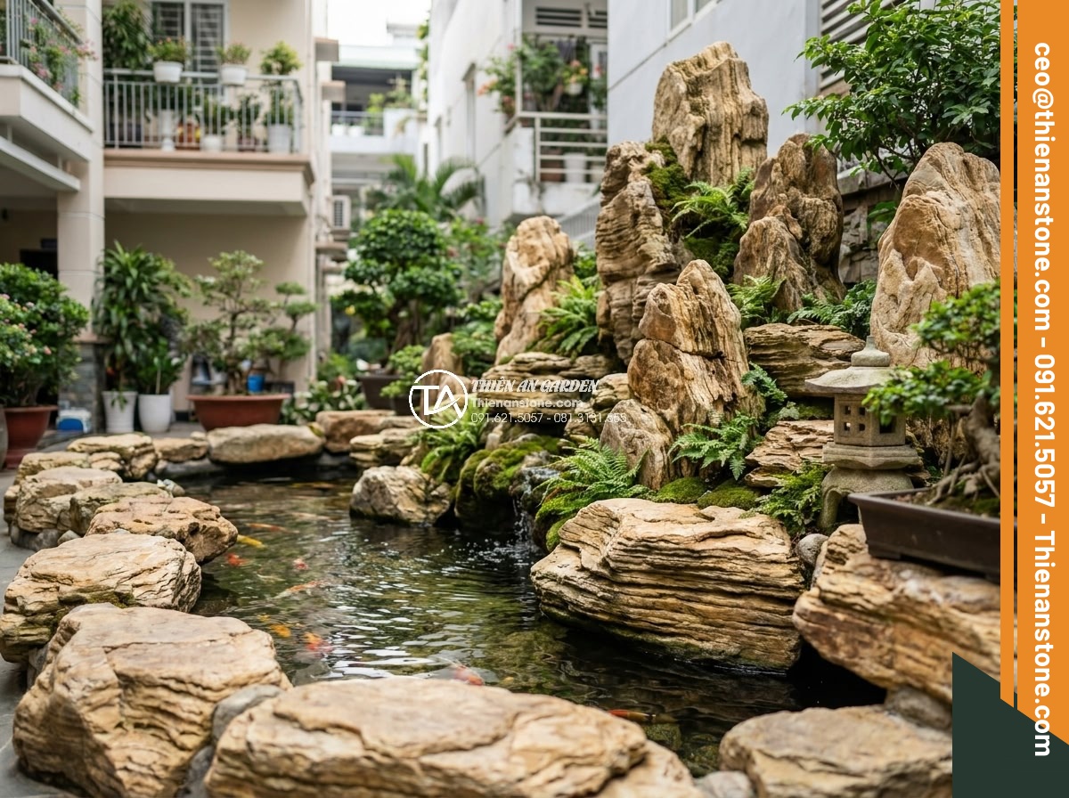 Top 5 địa chỉ bán đá cổ thạch TPHCM uy tín, hỗ trợ vận chuyển tận nơi - Hình 3 Top 5 địa chỉ bán đá cổ thạch TPHCM uy tín, hỗ trợ vận chuyển tận nơi - Beautiful Vietnamese garden landscape featuring ancient stones integrated with K