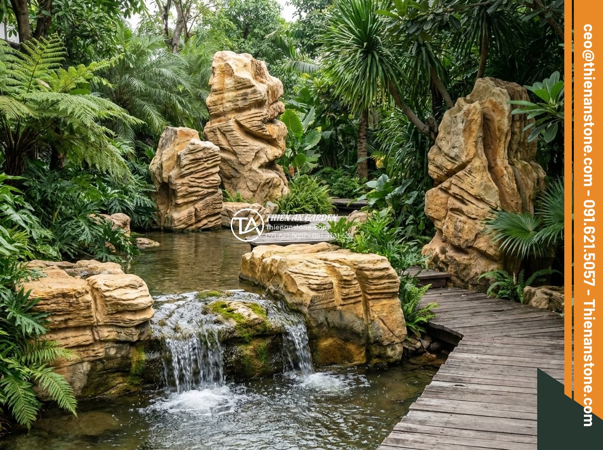 Top 5 địa chỉ bán đá cổ thạch TPHCM uy tín, hỗ trợ vận chuyển tận nơi - Hình 4 Top 5 địa chỉ bán đá cổ thạch TPHCM uy tín, hỗ trợ vận chuyển tận nơi - Luxurious resort villa garden with large ancient stones, natural water features
