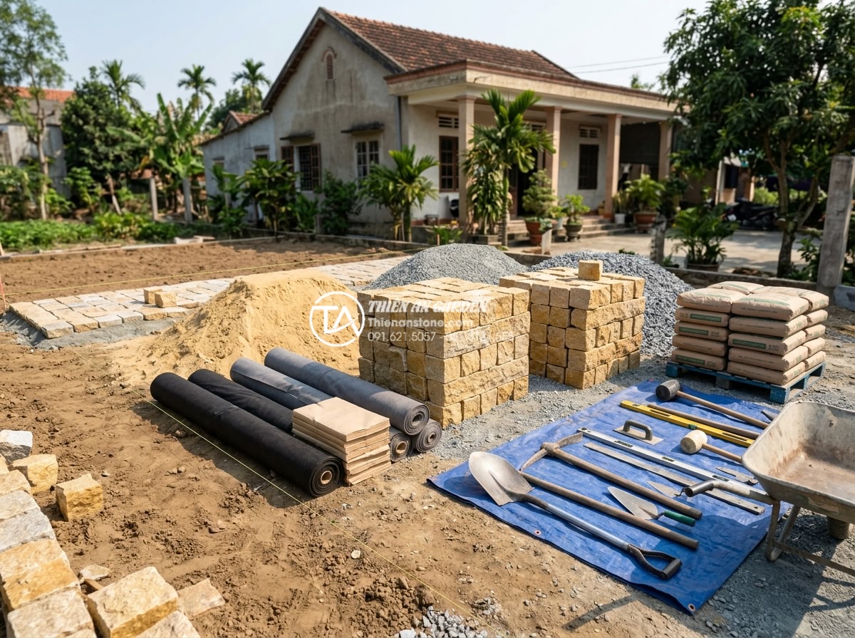 Tự lát đá cubic cho sân vườn nhỏ: Những điều cần chuẩn bị - Wide angle realistic photo of a neatly organized construction site for a small g