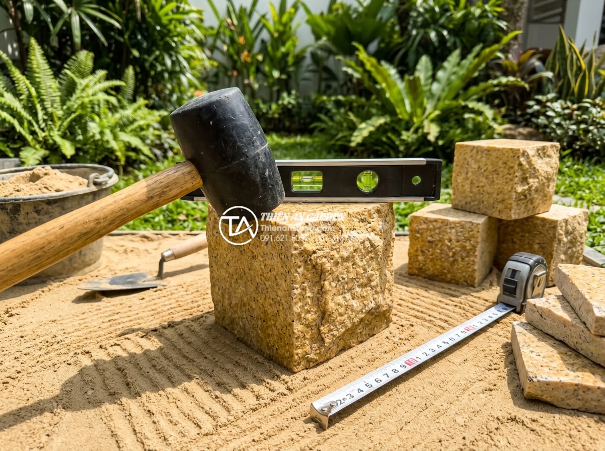 Tự lát đá cubic cho sân vườn nhỏ: Những điều cần chuẩn bị - Action shot of a person wearing safety gear using a rubber mallet to precisely l