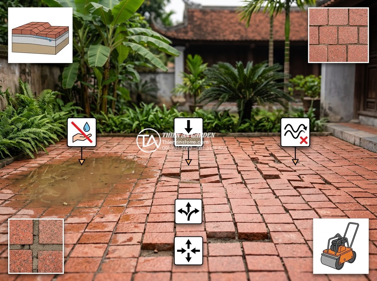 Tự lát đá cubic cho sân vườn nhỏ: Những điều cần chuẩn bị - Educational infographic-style realistic photo illustrating common mistakes in DI