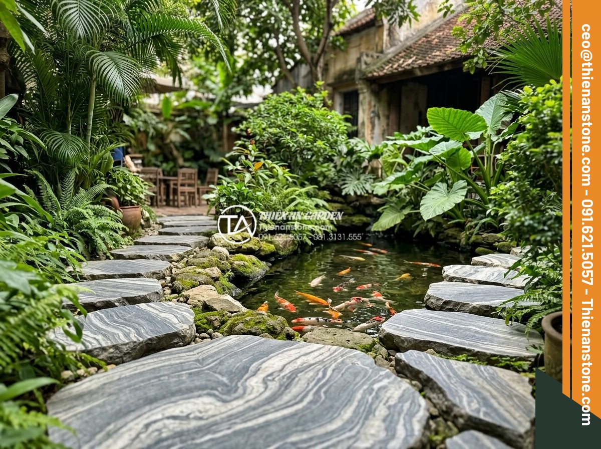 Ứng dụng đá bước dạo trong thiết kế quán cafe sân vườn cực chill - Stepping stones surrounding a small koi pond in a cafe garden with fish visible 