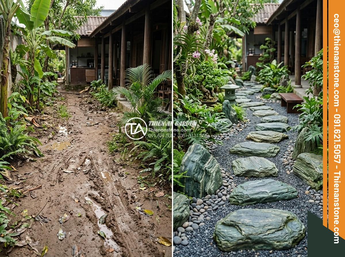 Ứng dụng đá bước dạo trong thiết kế quán cafe sân vườn cực chill - Before and after photos of a garden cafe renovation using stepping stones transf