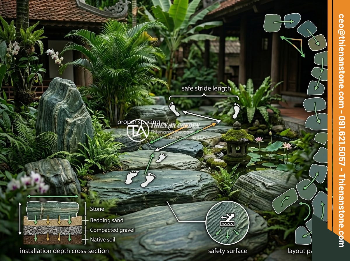 Ứng dụng đá bước dạo trong thiết kế quán cafe sân vườn cực chill - Diagram showing proper spacing and safety measurements for stepping stones insta