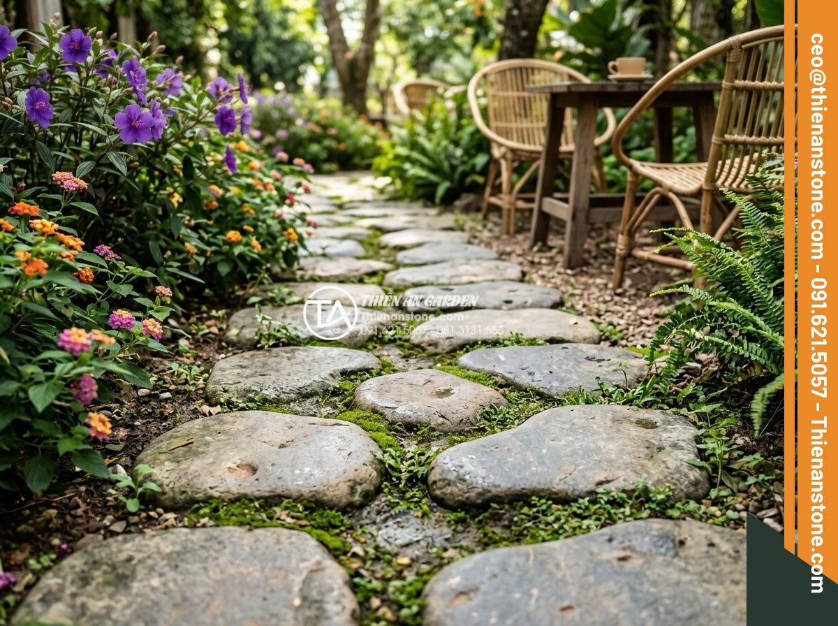Ứng dụng đá bước dạo trong thiết kế quán cafe sân vườn cực chill - Close-up view of textured natural stone stepping stones embedded in a garden caf