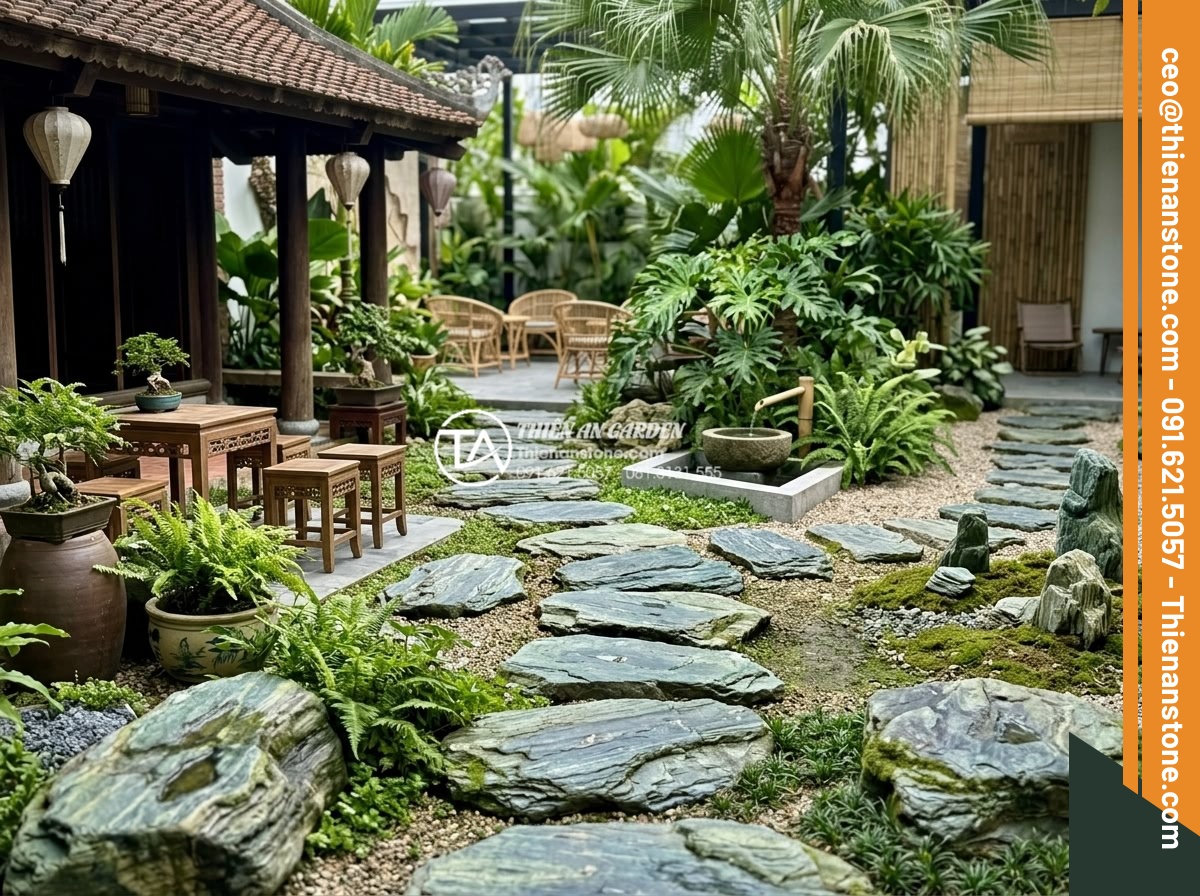 Ứng dụng đá bước dạo trong thiết kế quán cafe sân vườn cực chill - Showcase of completed projects by Thien An Stone featuring elegant stepping ston