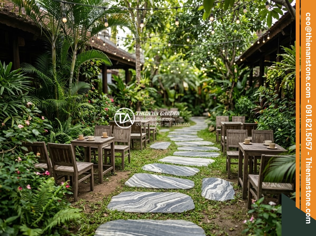 Ứng dụng đá bước dạo trong thiết kế quán cafe sân vườn cực chill - Wide angle shot of a chill garden cafe with stepping stone paths leading between