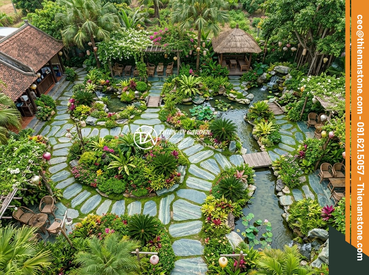 Ứng dụng đá bước dạo trong thiết kế quán cafe sân vườn cực chill - Bird's eye view of garden cafe layout featuring curved stepping stone paths inte