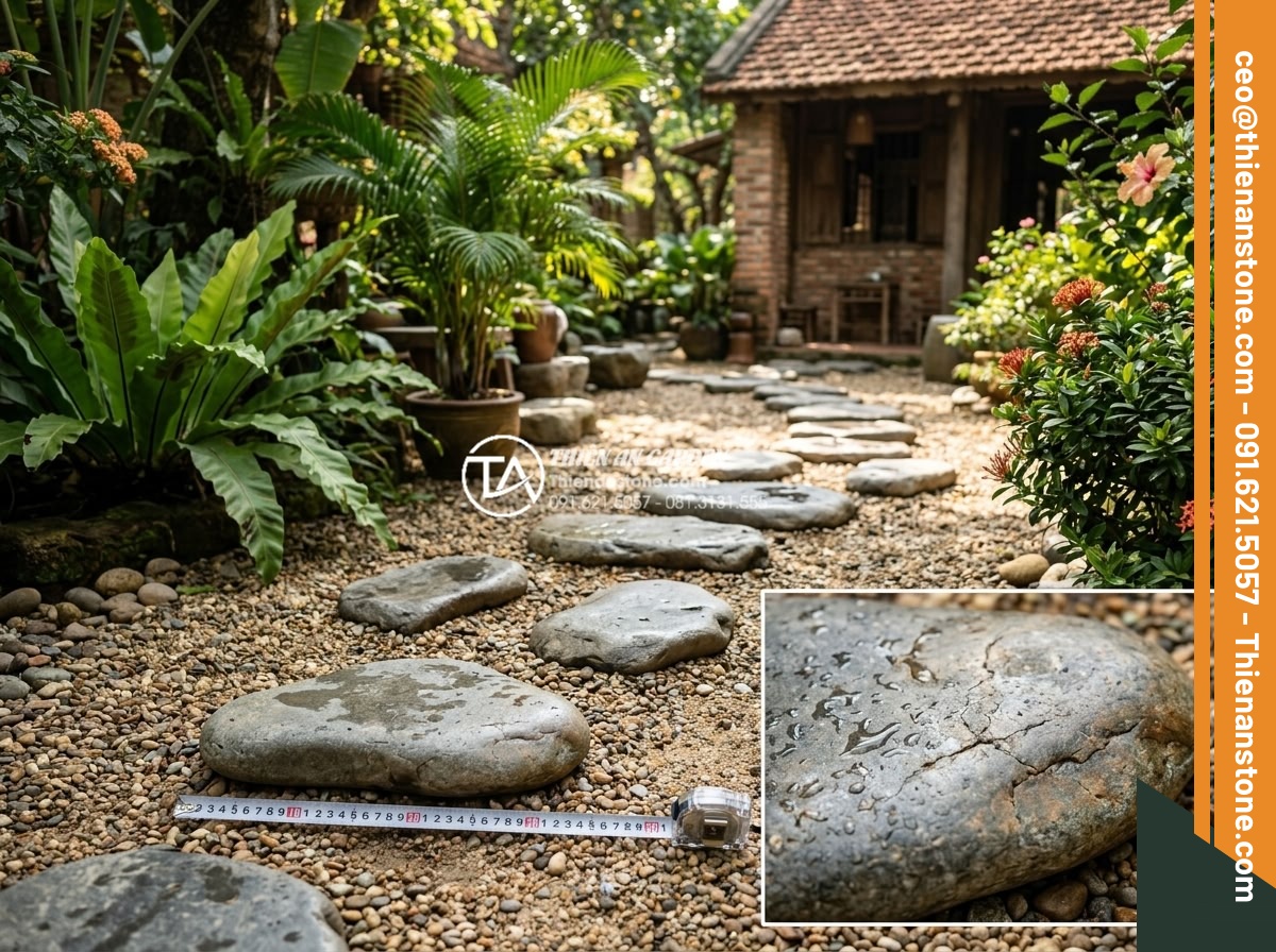 Ứng dụng đá bước dạo trong thiết kế quán cafe sân vườn cực chill - Collection of different natural stones like basalt and sandstone used as steppin