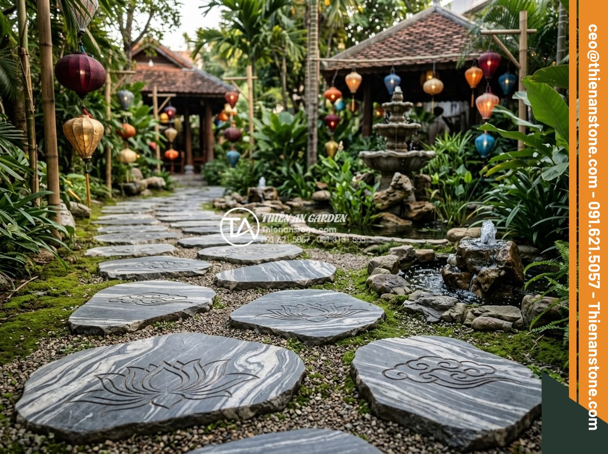 Ứng dụng đá bước dạo trong thiết kế quán cafe sân vườn cực chill - Artistic stepping stones with carved patterns integrated into a cafe garden feat