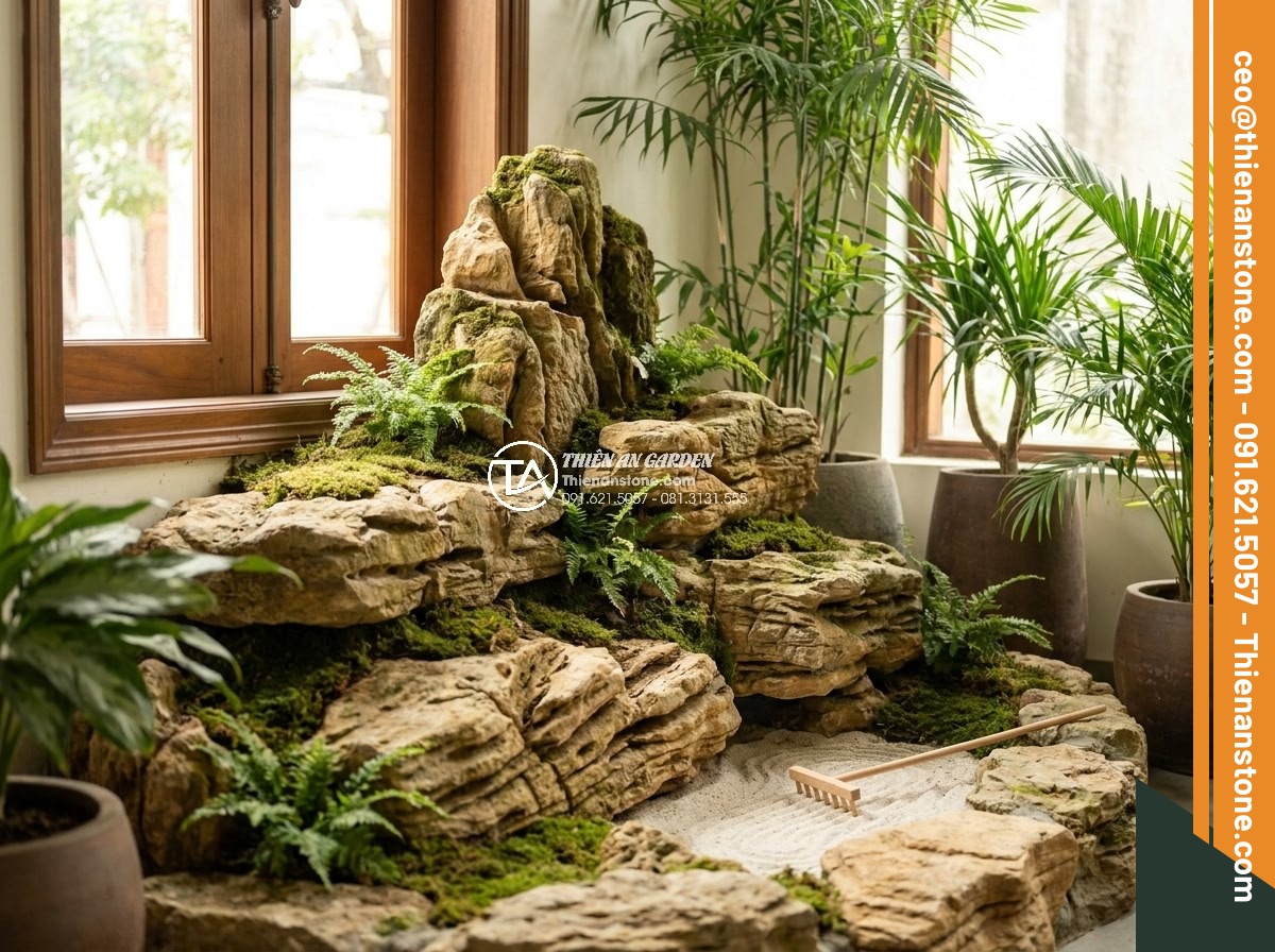 Ứng dụng đá cổ thạch trong trang trí nội thất: Điểm nhấn sang trọng - Hình 10 Ứng dụng đá cổ thạch trong trang trí nội thất: Điểm nhấn sang trọng - Creative indoor rockery scene using ancient stones to create a peaceful zen gard