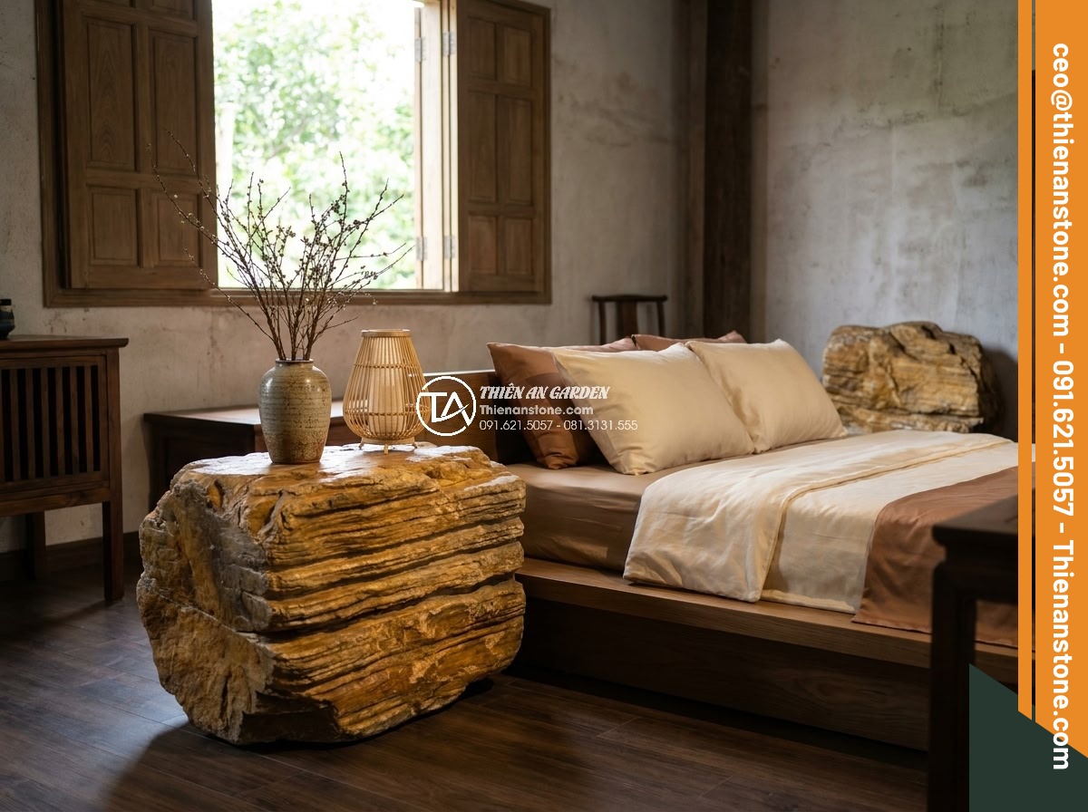 Ứng dụng đá cổ thạch trong trang trí nội thất: Điểm nhấn sang trọng - Hình 11 Ứng dụng đá cổ thạch trong trang trí nội thất: Điểm nhấn sang trọng - Serene bedroom interior incorporating ancient stone nightstand or decorative ele