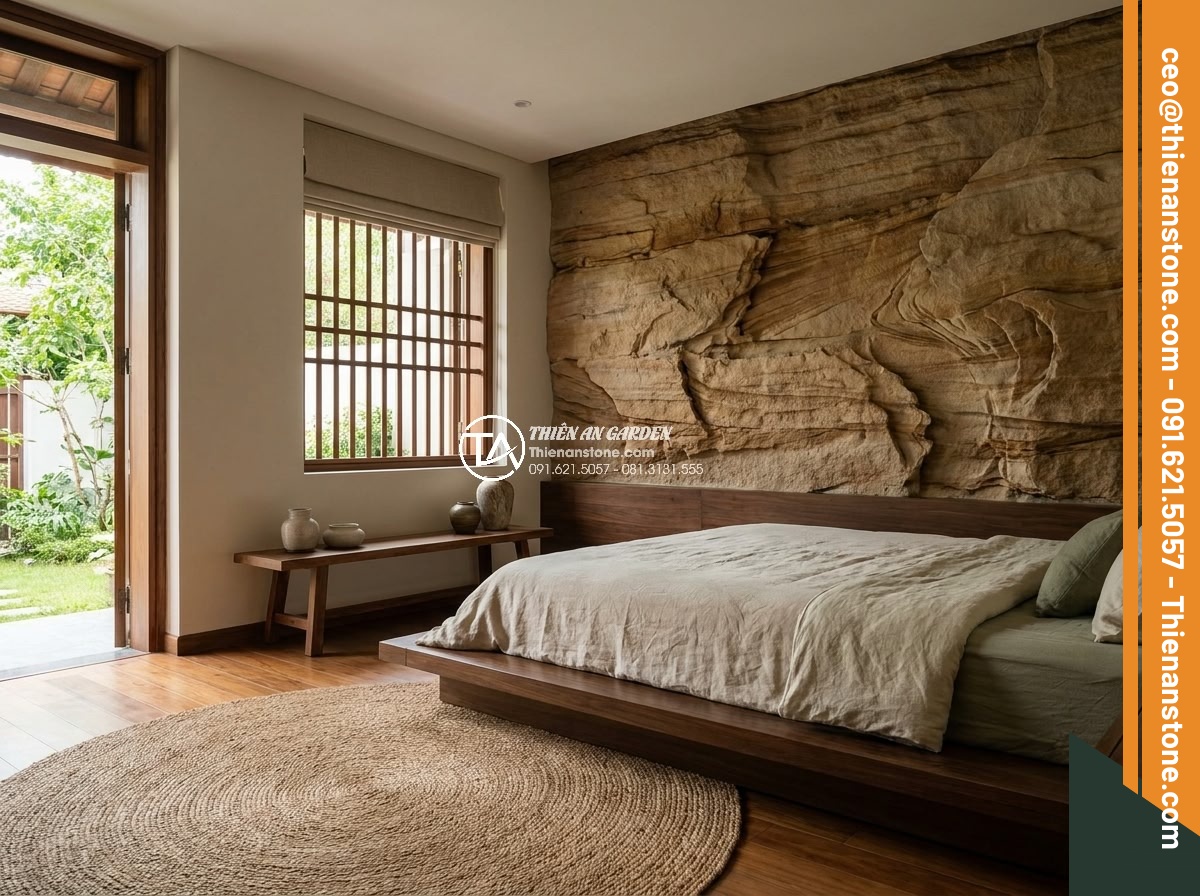 Ứng dụng đá cổ thạch trong trang trí nội thất: Điểm nhấn sang trọng - Hình 12 Ứng dụng đá cổ thạch trong trang trí nội thất: Điểm nhấn sang trọng - Elegant master bedroom with subtle ancient stone accents promoting relaxation an