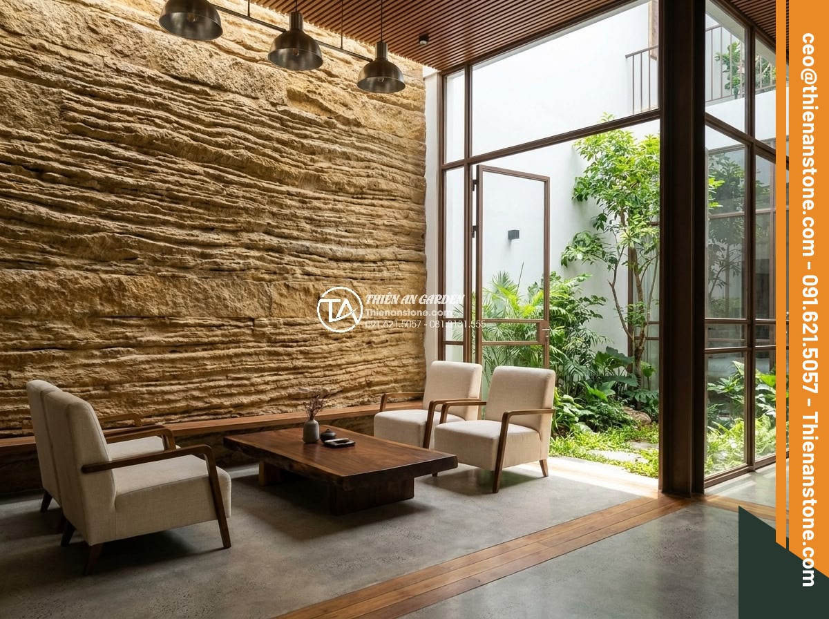 Ứng dụng đá cổ thạch trong trang trí nội thất: Điểm nhấn sang trọng - Hình 13 Ứng dụng đá cổ thạch trong trang trí nội thất: Điểm nhấn sang trọng - Modern interior design blending ancient stones with wood, glass, and metal mater