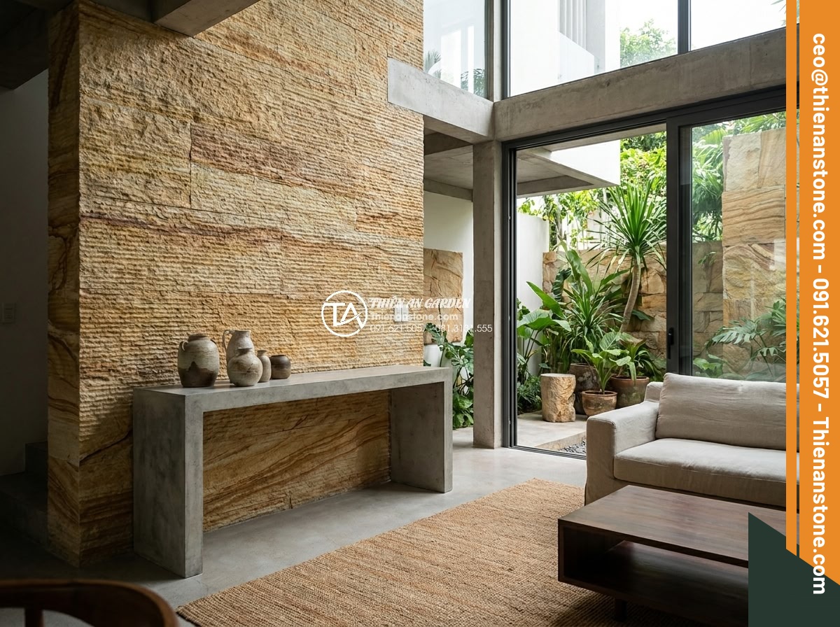 Ứng dụng đá cổ thạch trong trang trí nội thất: Điểm nhấn sang trọng - Hình 14 Ứng dụng đá cổ thạch trong trang trí nội thất: Điểm nhấn sang trọng - Fusion of ancient stone features with contemporary interior materials in a styli