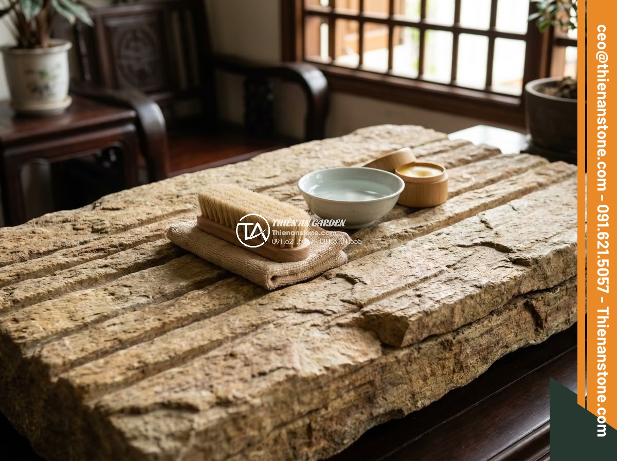 Ứng dụng đá cổ thạch trong trang trí nội thất: Điểm nhấn sang trọng - Hình 19 Ứng dụng đá cổ thạch trong trang trí nội thất: Điểm nhấn sang trọng - Maintenance tips visualized with clean ancient stone surfaces in well-preserved