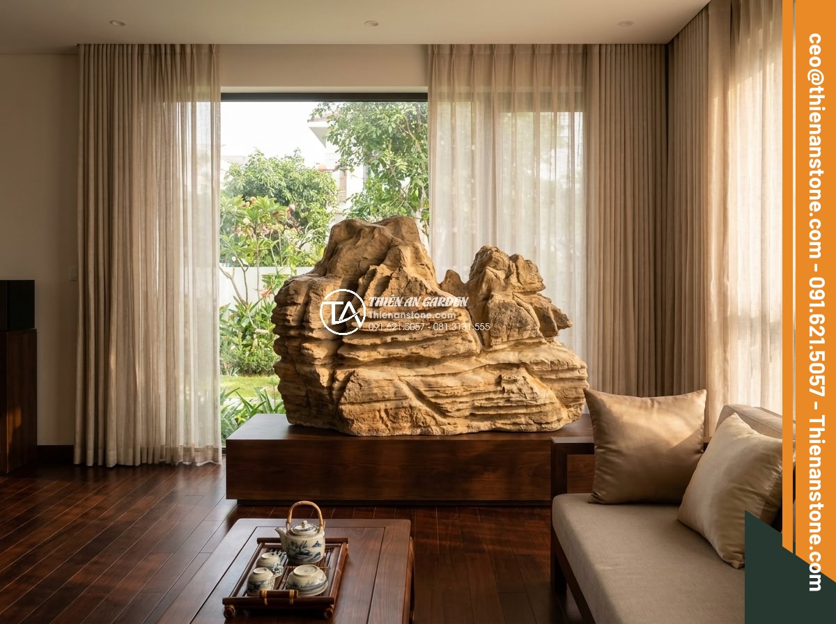 Ứng dụng đá cổ thạch trong trang trí nội thất: Điểm nhấn sang trọng - Hình 2 Ứng dụng đá cổ thạch trong trang trí nội thất: Điểm nhấn sang trọng - Wide angle shot of ancient stone sculpture integrated into elegant indoor decor