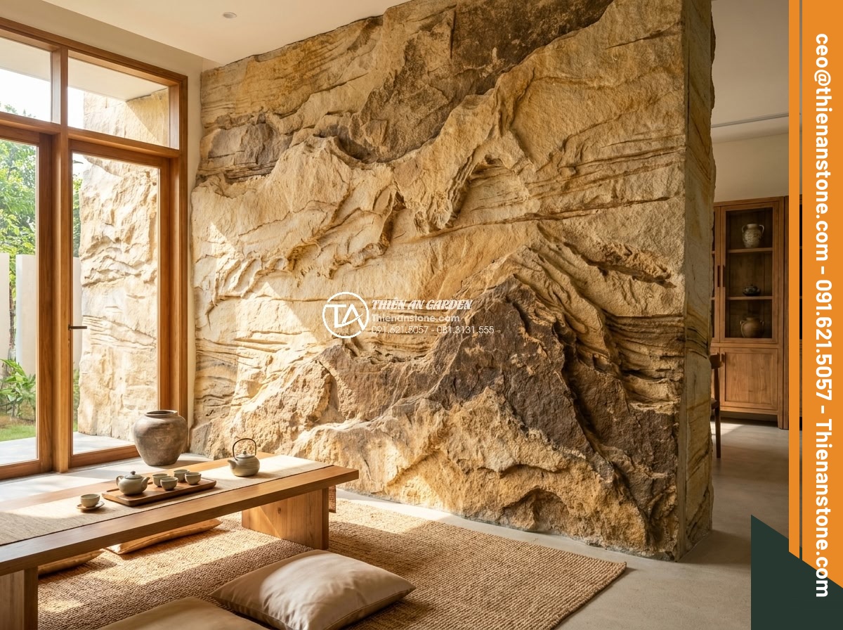 Ứng dụng đá cổ thạch trong trang trí nội thất: Điểm nhấn sang trọng - Hình 4 Ứng dụng đá cổ thạch trong trang trí nội thất: Điểm nhấn sang trọng - Elegant interior scene featuring prominent ancient stone feature wall in a high-