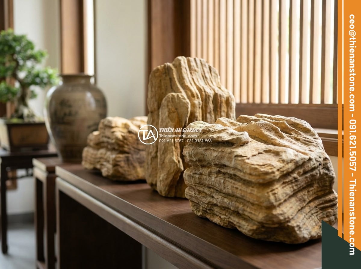 Ứng dụng đá cổ thạch trong trang trí nội thất: Điểm nhấn sang trọng - Hình 6 Ứng dụng đá cổ thạch trong trang trí nội thất: Điểm nhấn sang trọng - Collection of popular ancient stone varieties arranged artistically in an indoor