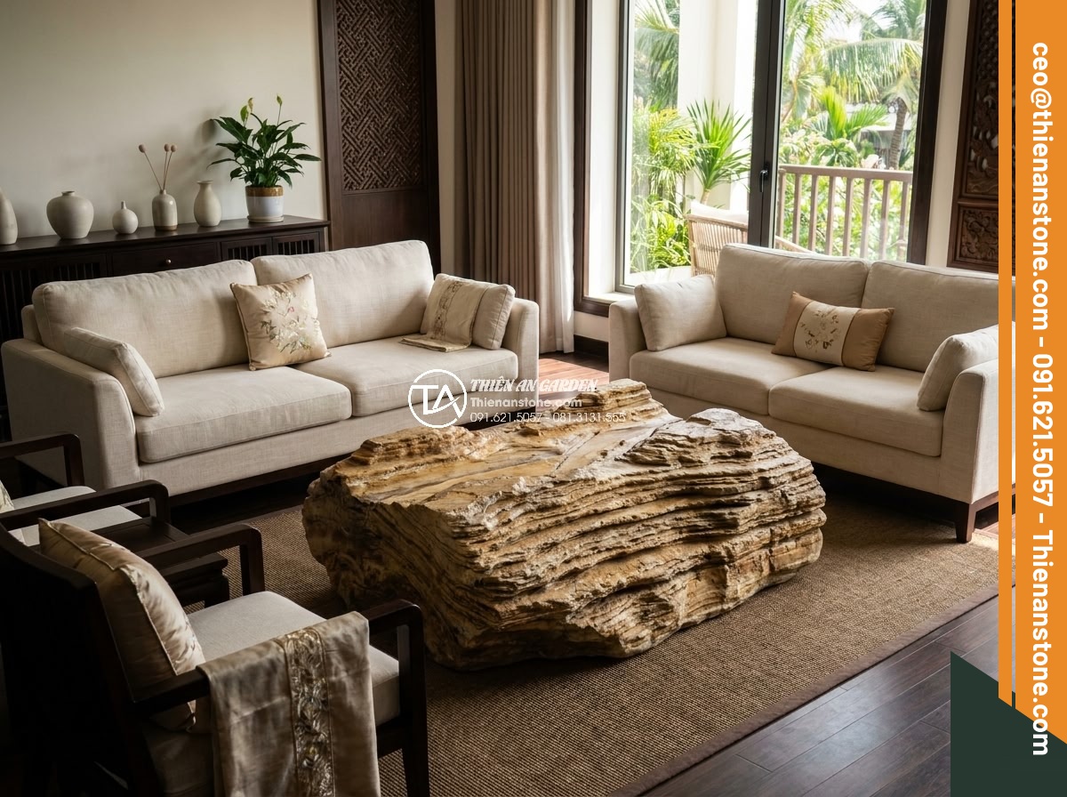 Ứng dụng đá cổ thạch trong trang trí nội thất: Điểm nhấn sang trọng - Luxurious living room interior with ancient stone coffee table as focal point, s