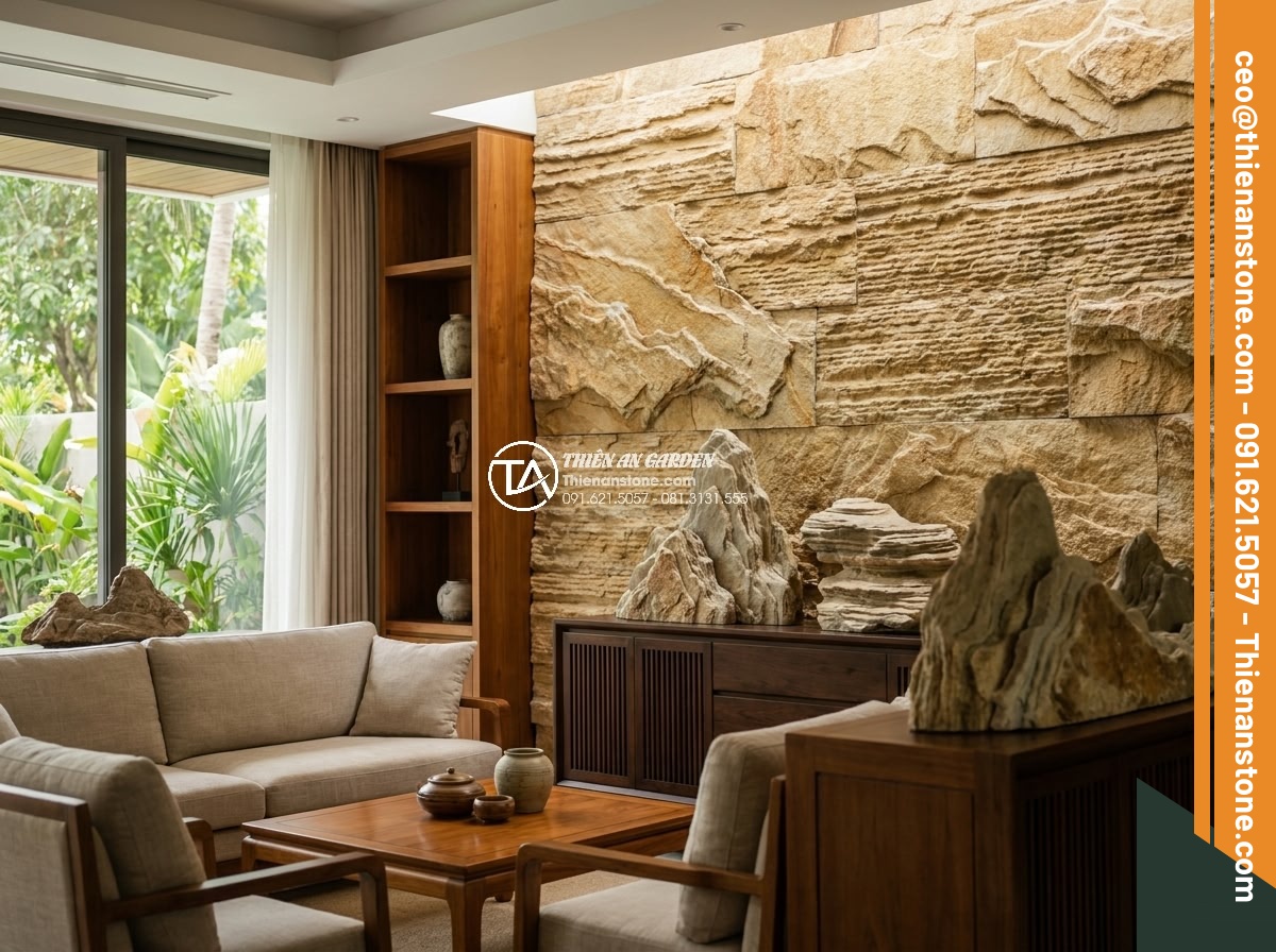 Ứng dụng đá cổ thạch trong trang trí nội thất: Điểm nhấn sang trọng - Hình 8 Ứng dụng đá cổ thạch trong trang trí nội thất: Điểm nhấn sang trọng - Sophisticated living room featuring ancient stone wall accent and decorative scu