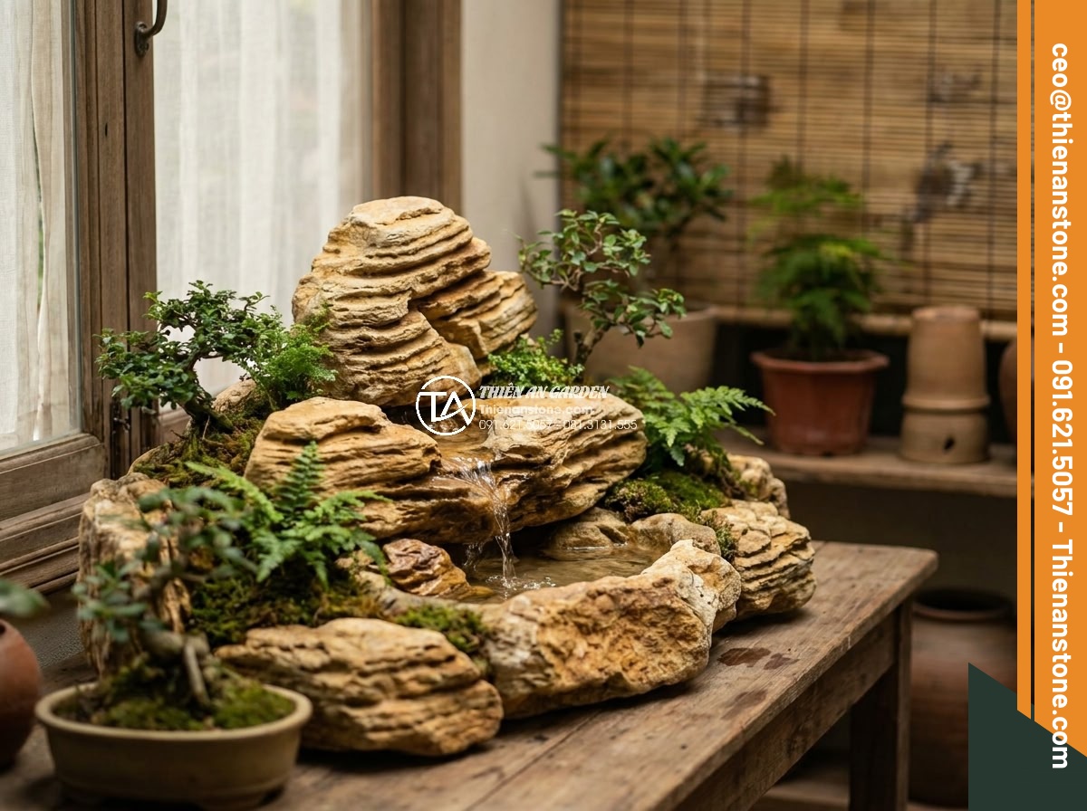 Ứng dụng đá cổ thạch trong trang trí nội thất: Điểm nhấn sang trọng - Hình 9 Ứng dụng đá cổ thạch trong trang trí nội thất: Điểm nhấn sang trọng - Tranquil indoor miniature landscape with ancient stones, small waterfall, and gr