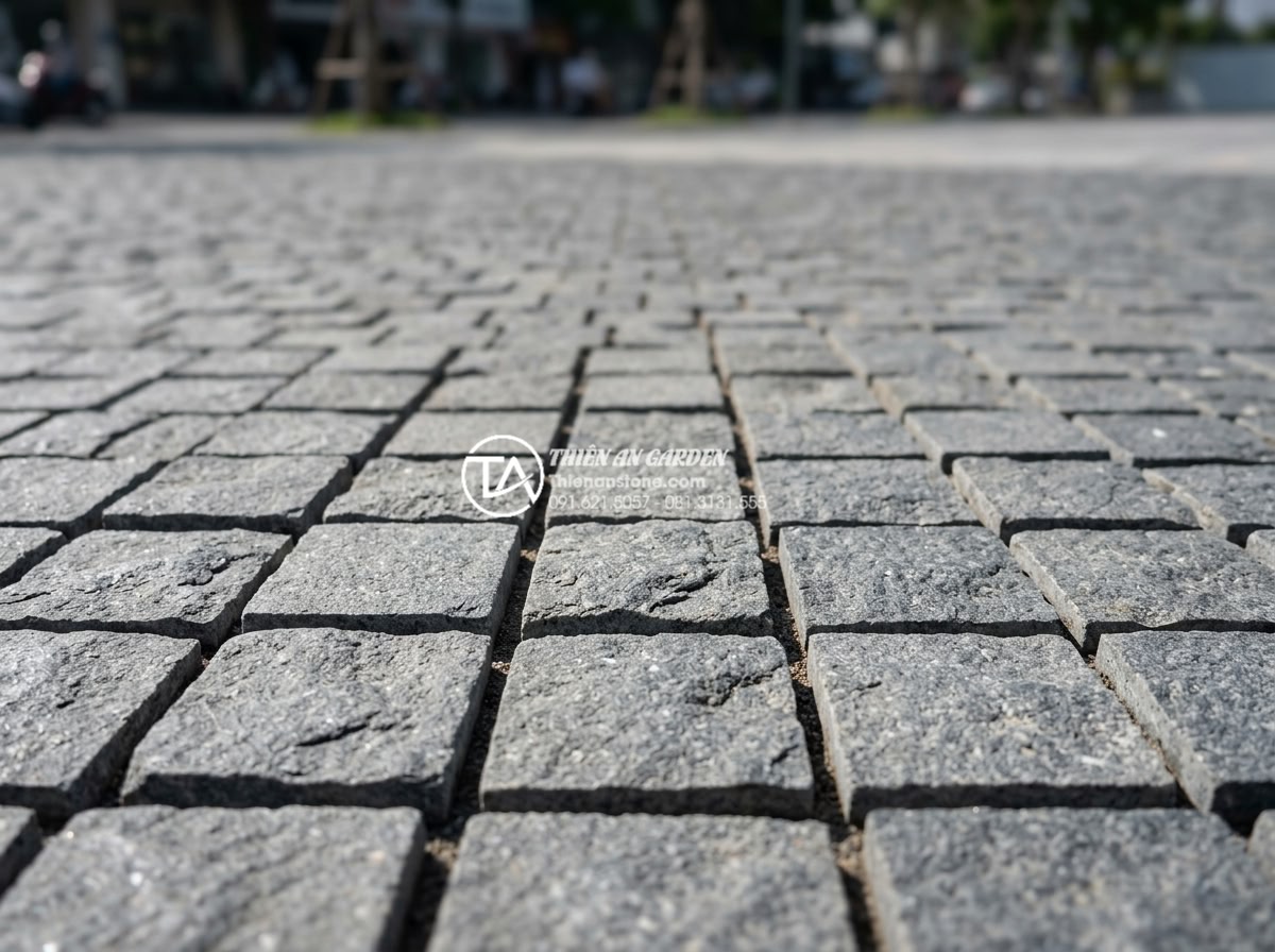 Ứng dụng đá cubic trong thiết kế quảng trường và khu phố đi bộ - Close-up view of natural cubic granite stones in various shades of grey and blac