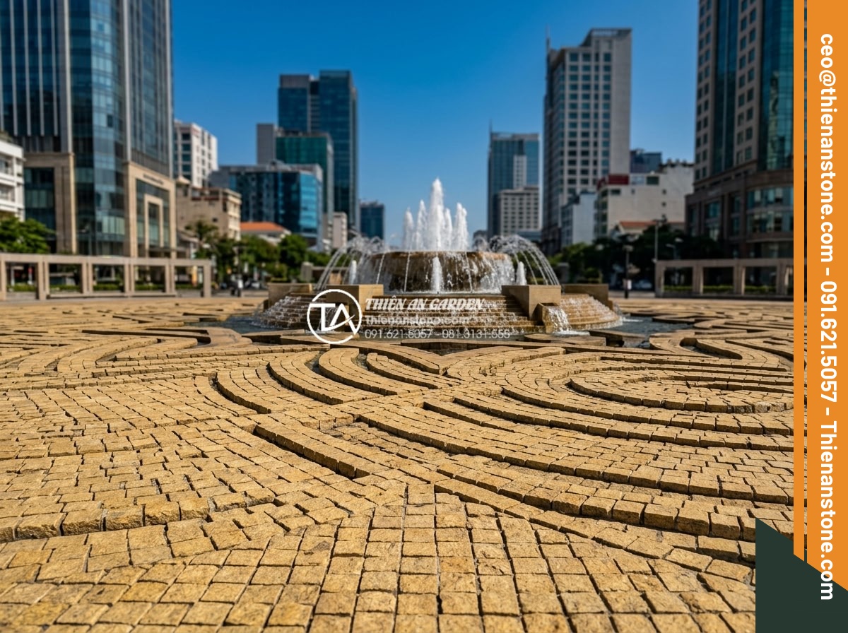 Ứng dụng đá cubic trong thiết kế quảng trường và khu phố đi bộ - Hình 5 Ứng dụng đá cubic trong thiết kế quảng trường và khu phố đi bộ - Modern city square featuring intricate cubic stone paving designs around a centr