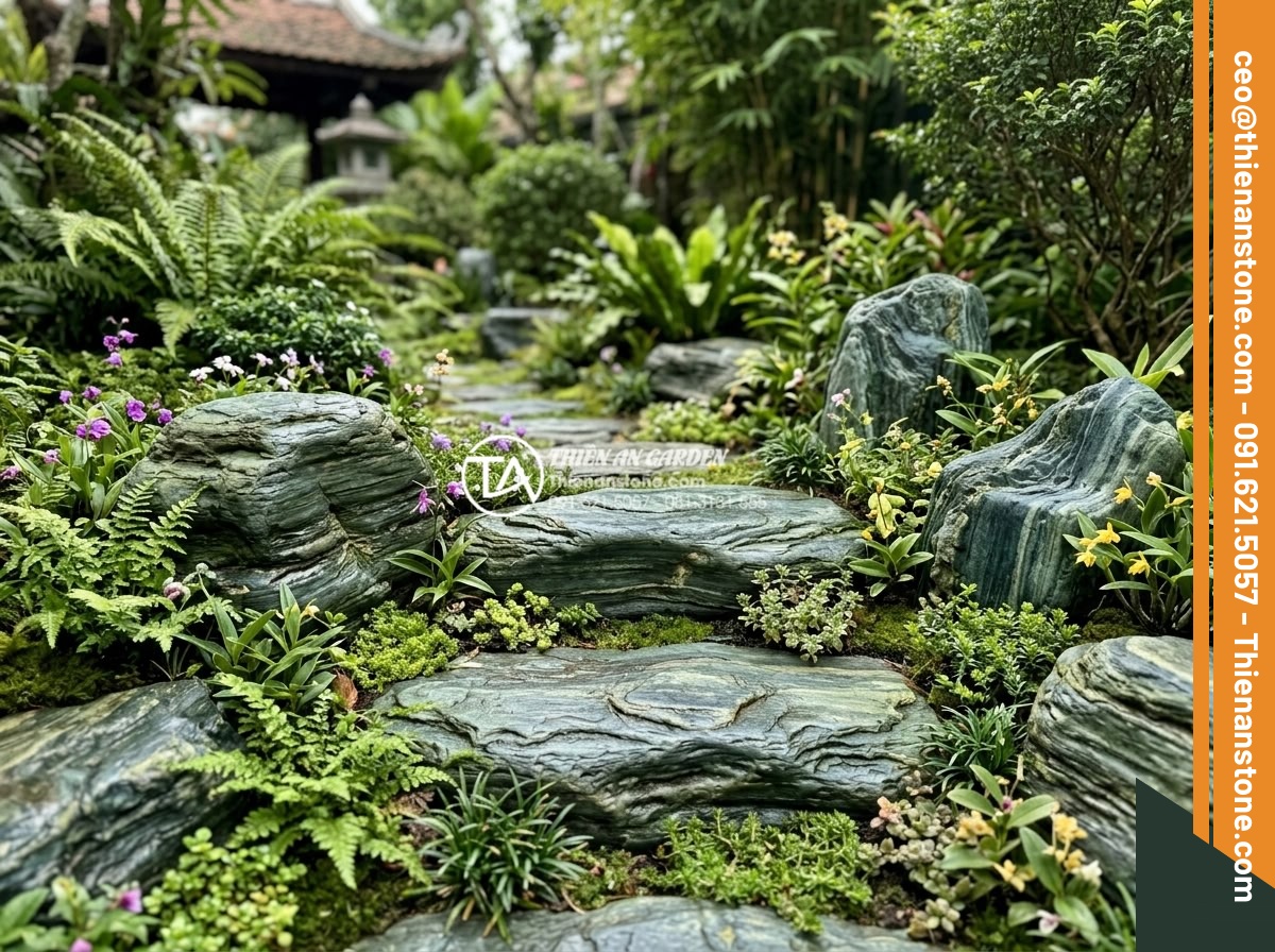 Xu hướng sử dụng đá dặm bước khổ lớn (Jumbo) trong năm 2026 - Close-up of stone pathway with surrounding plants and flowers demonstrating perf