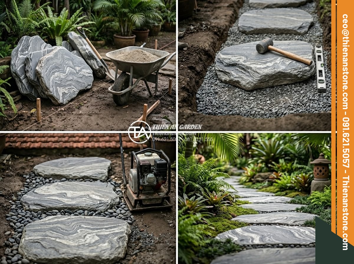 Xu hướng sử dụng đá dặm bước khổ lớn (Jumbo) trong năm 2026 - Step-by-step guide visualization of selecting and installing large natural stepp