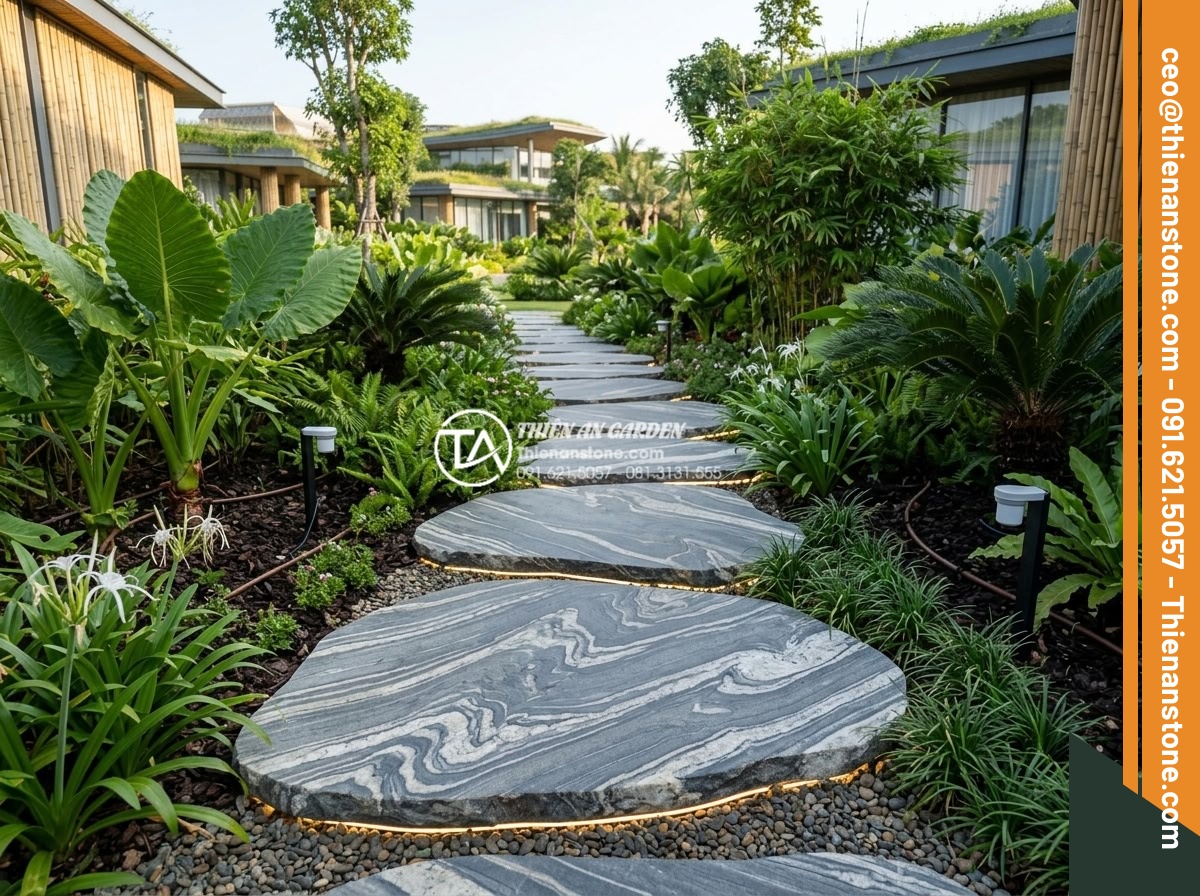 Xu hướng sử dụng đá dặm bước khổ lớn (Jumbo) trong năm 2026 - Futuristic 2026 garden design featuring oversized Jumbo natural stepping stones 