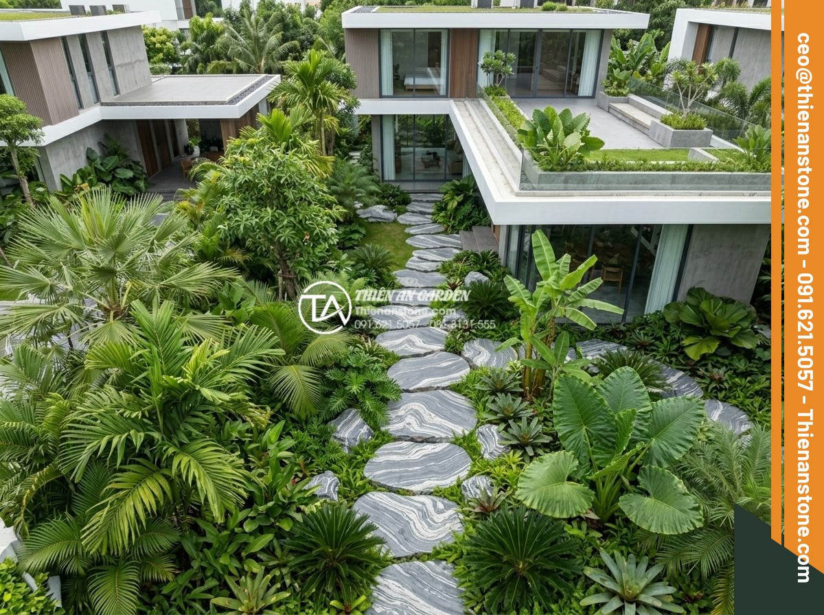 Xu hướng sử dụng đá dặm bước khổ lớn (Jumbo) trong năm 2026 - Aerial view of a contemporary garden pathway made from large Jumbo stepping ston