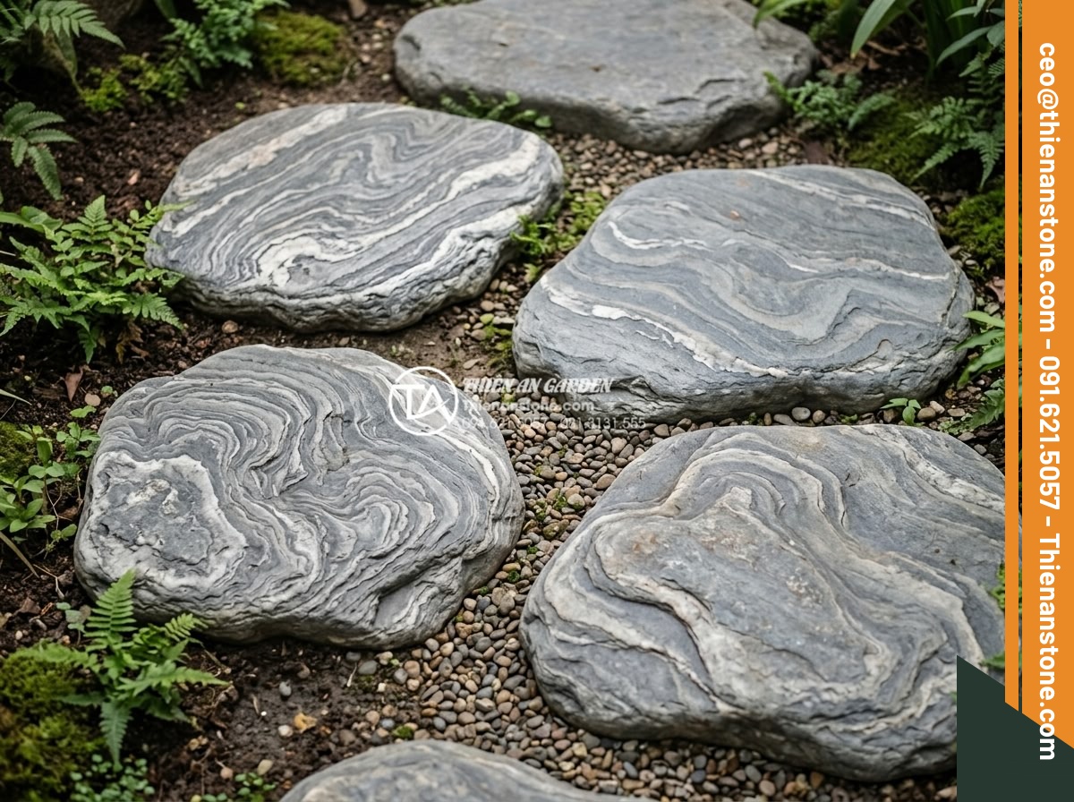 Xu hướng sử dụng đá dặm bước khổ lớn (Jumbo) trong năm 2026 - Detailed texture comparison of popular natural Jumbo stones used for garden step