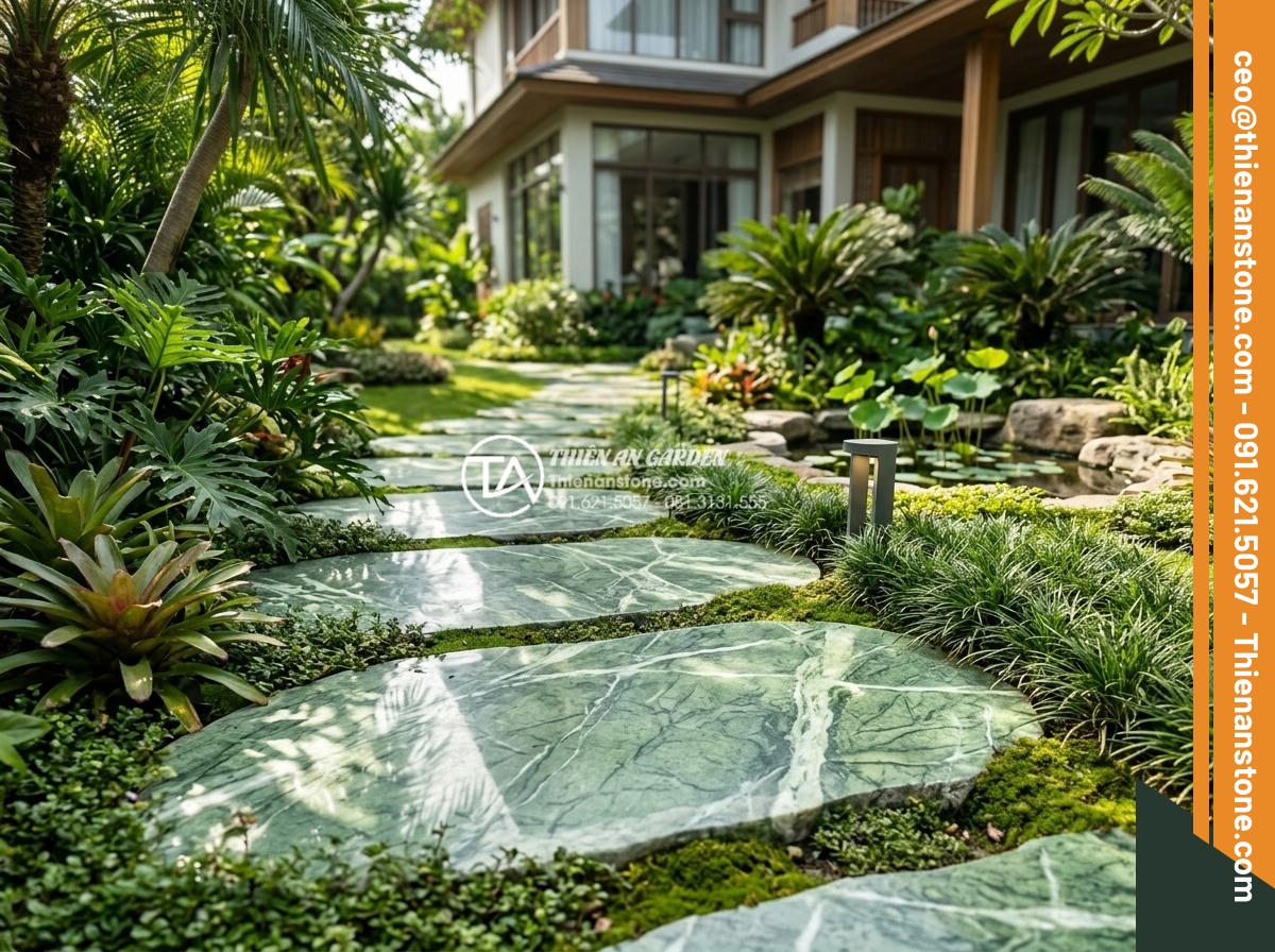 Xu hướng sử dụng đá dặm bước khổ lớn (Jumbo) trong năm 2026 - Luxurious garden scene in 2026 showing benefits of large Jumbo stepping stones e