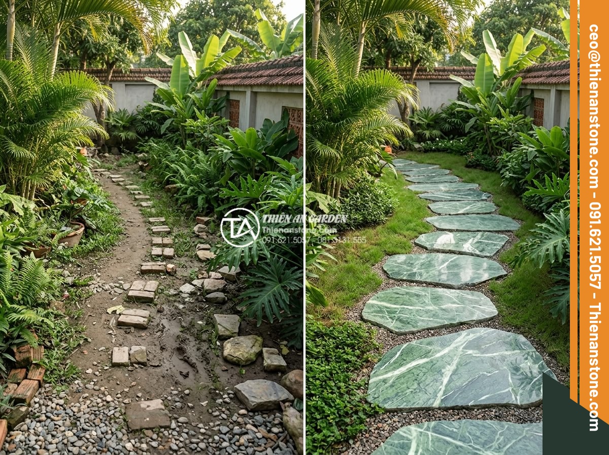 Xu hướng sử dụng đá dặm bước khổ lớn (Jumbo) trong năm 2026 - Before and after comparison of garden landscape upgraded with Jumbo stepping sto
