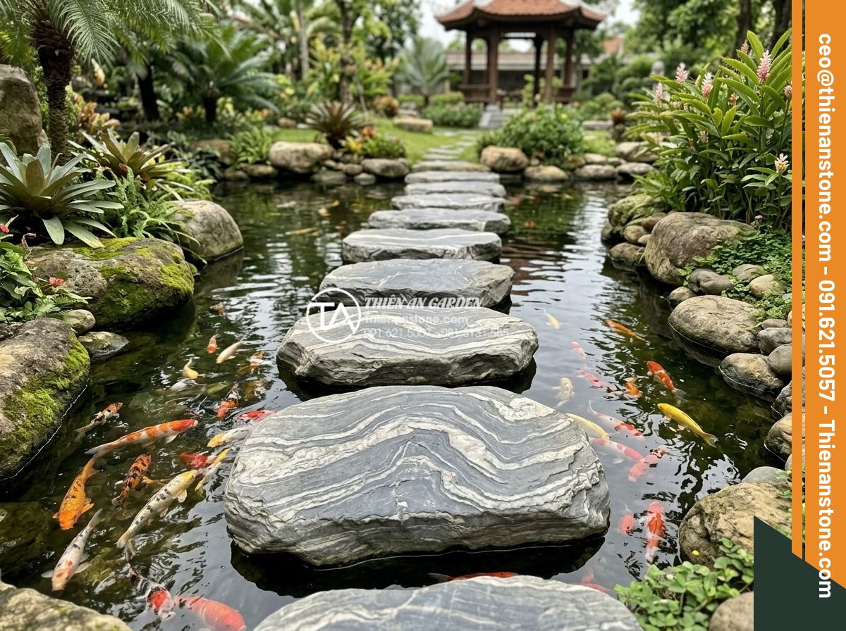 Xu hướng sử dụng đá dặm bước khổ lớn (Jumbo) trong năm 2026 - Realistic application of large Jumbo stepping stones in a Koi pond garden area w