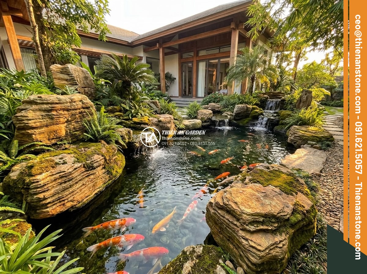 Xu hướng thiết kế hồ cá Koi kết hợp đá cổ thạch lên ngôi năm 2026 - A wide-angle view of a luxurious Koi pond in a modern Vietnamese villa garden fe