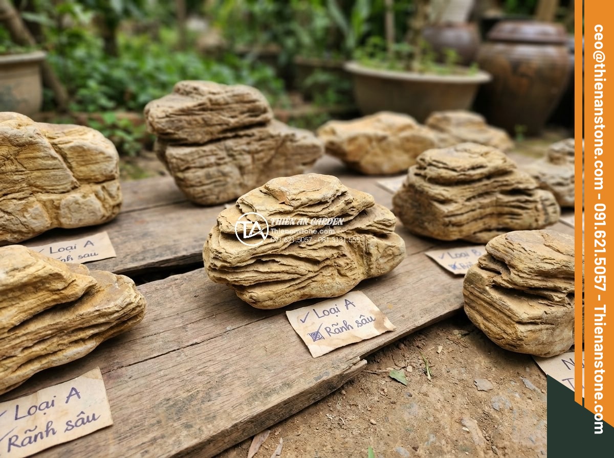 Xu hướng thiết kế hồ cá Koi kết hợp đá cổ thạch lên ngôi năm 2026 - Selection process photo of various ancient stones laid out for Koi pond project,