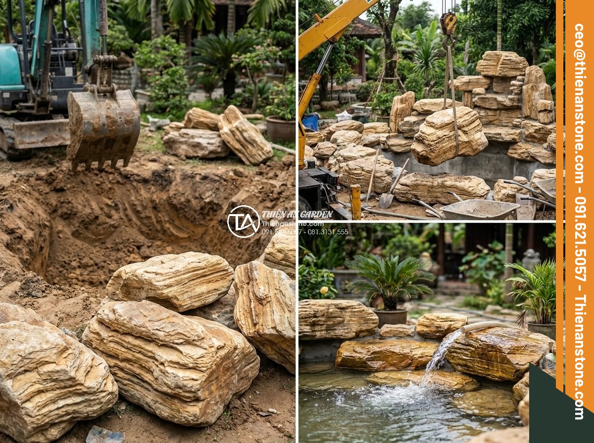 Xu hướng thiết kế hồ cá Koi kết hợp đá cổ thạch lên ngôi năm 2026 - Step-by-step construction sequence of Koi pond with ancient stones being placed 